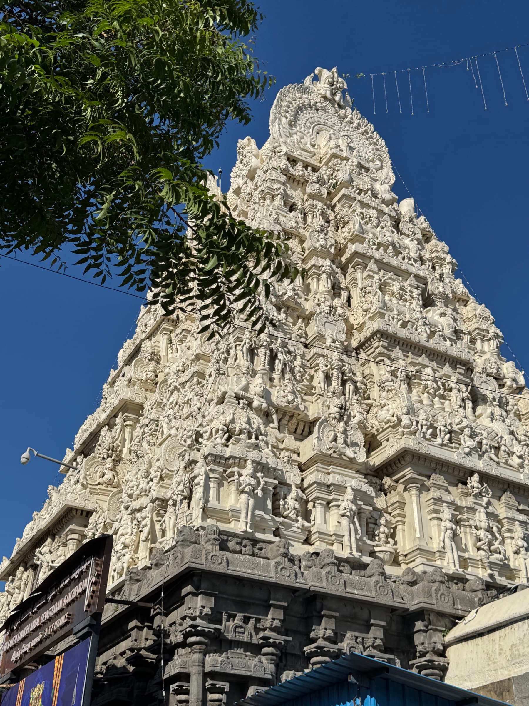 The carved gopuram of a temple in Kanchipuram
