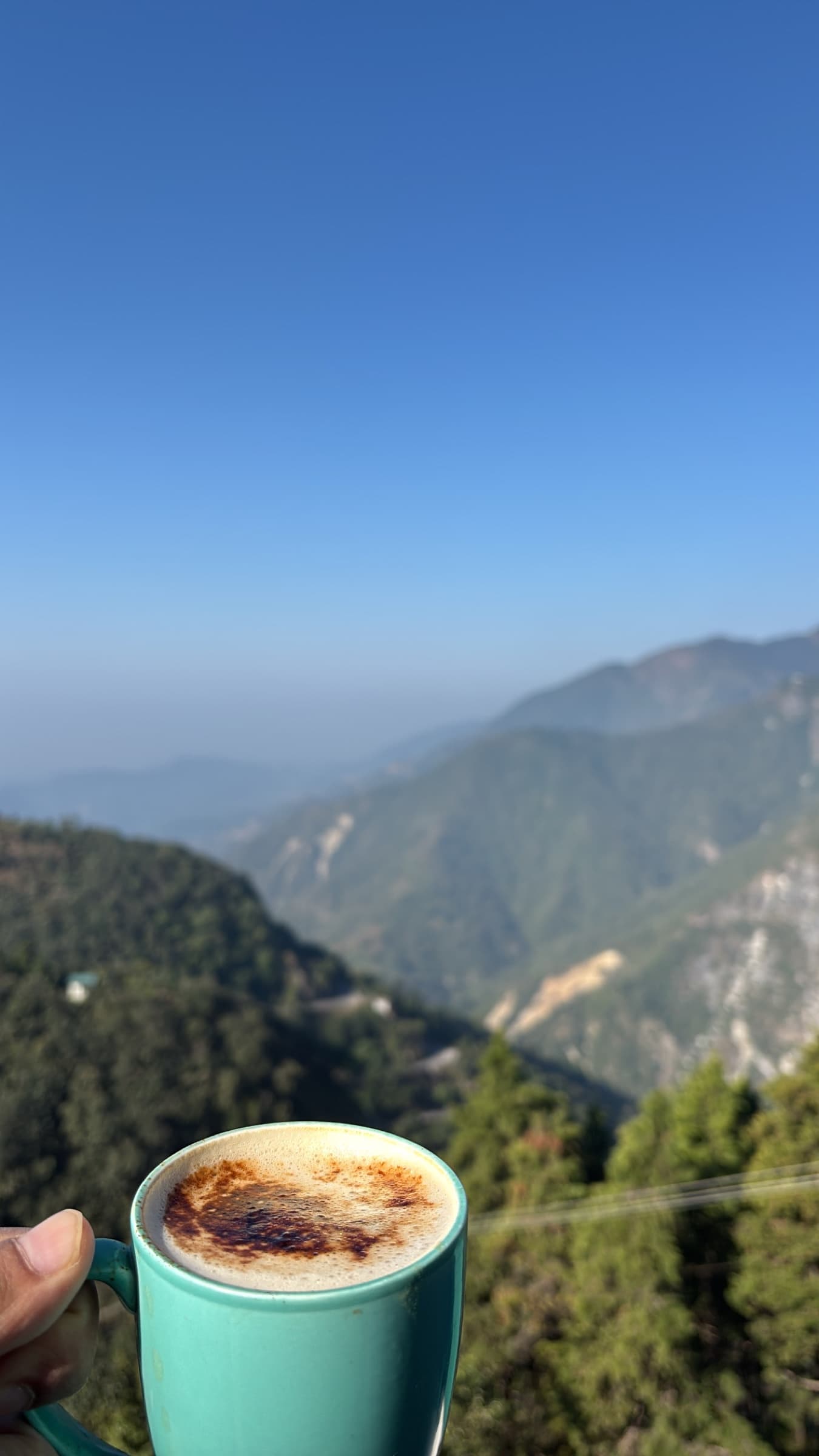 A cappuccino held up against the Mussoorie valley view